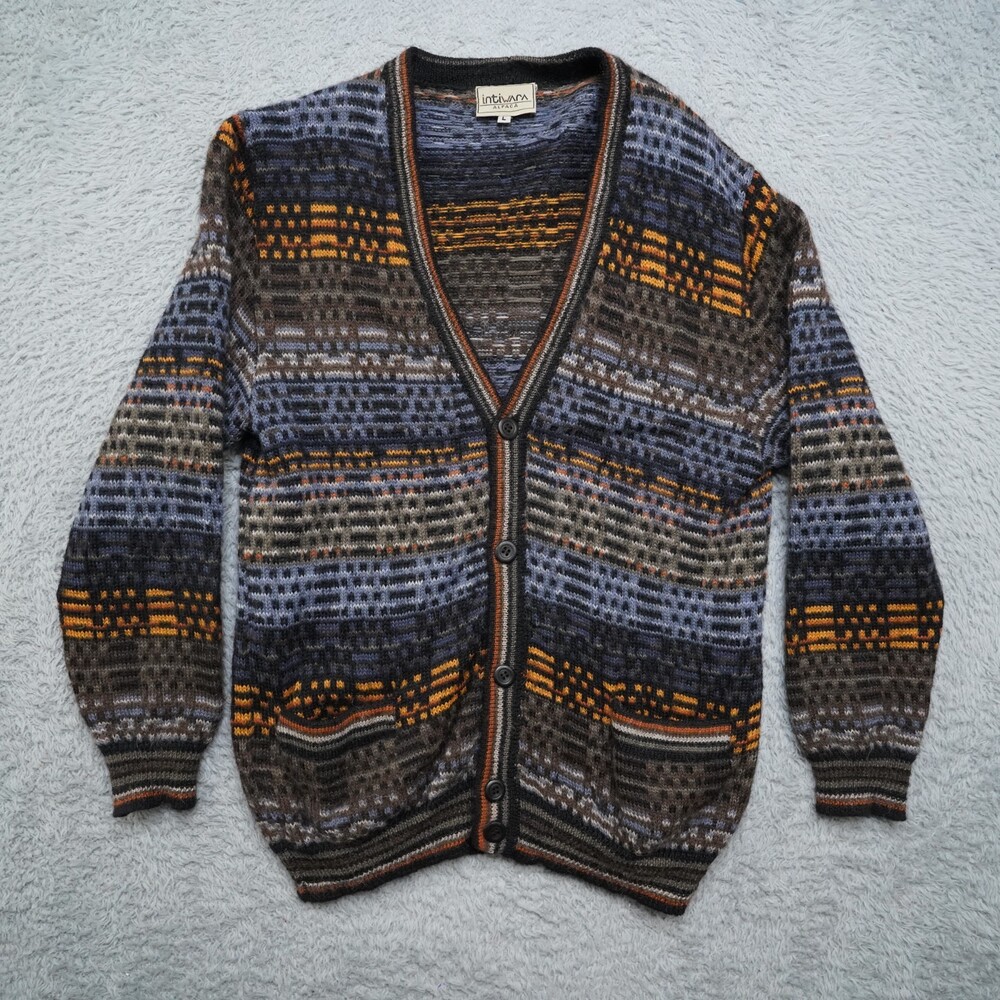 Alpaca Cardigan Sweater Mens L Blue Green Button Fuzzy Soft Intiwara